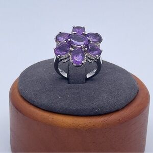 925 Sterling Silver Designer Amethyst Ring Flower Cluster Cocktail Ring Size 6